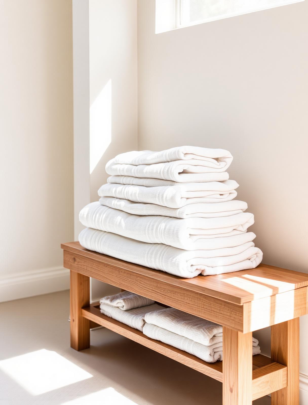 Folded white linen towels on a sunlit wooden bench